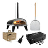 ZiiPa Piana Starter Kit in charcoal: pizza oven, pizza peel, storage bag, box of beech pellets, and pellet scoop.
