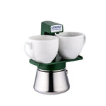 Green Gemini Express® Induction Moka Pot with two white espresso cups, ideal for direct brewing and serving.