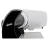 Glossy black Home Line Plus 250 Slicer with stainless steel blade, designed for precise slicing at home. Elegant and functional kitchen appliance.