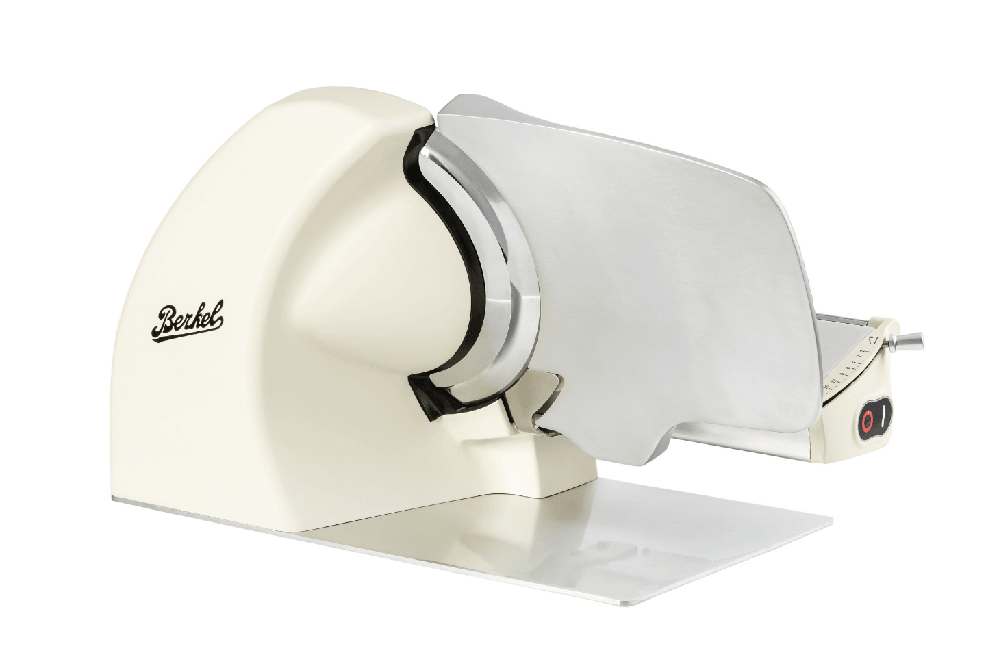 Matte cream Home Line Plus 250 Slicer with chromed blade and modern design. A premium slicer for home use in neutral tones. Side Angle