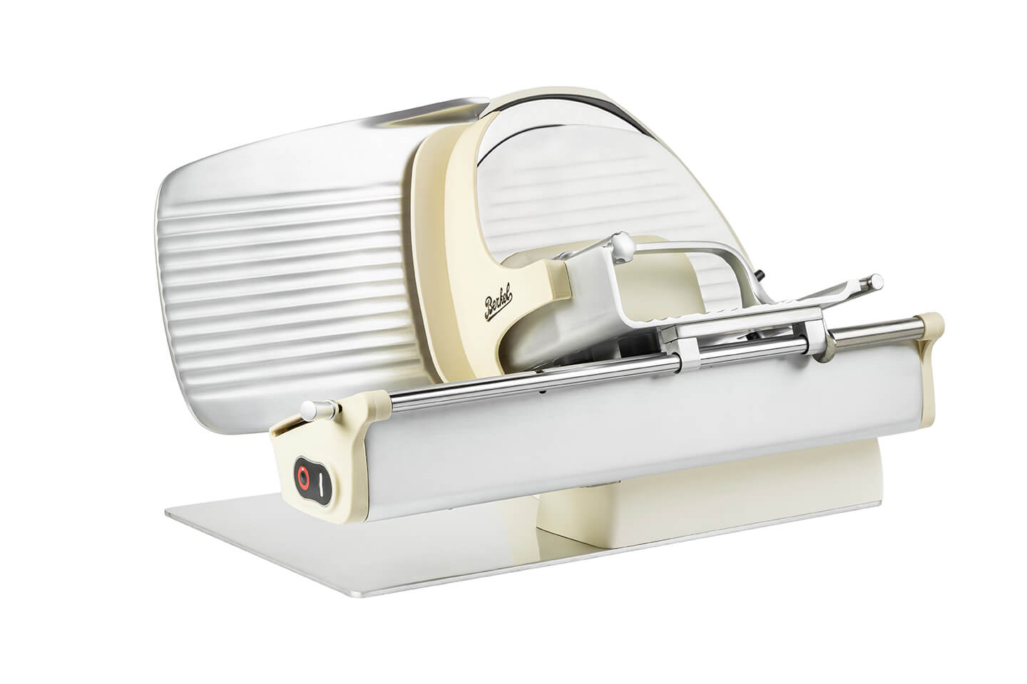 Matte cream Home Line Plus 250 Slicer with chromed blade and modern design. A premium slicer for home use in neutral tones. meat slicer on a white background