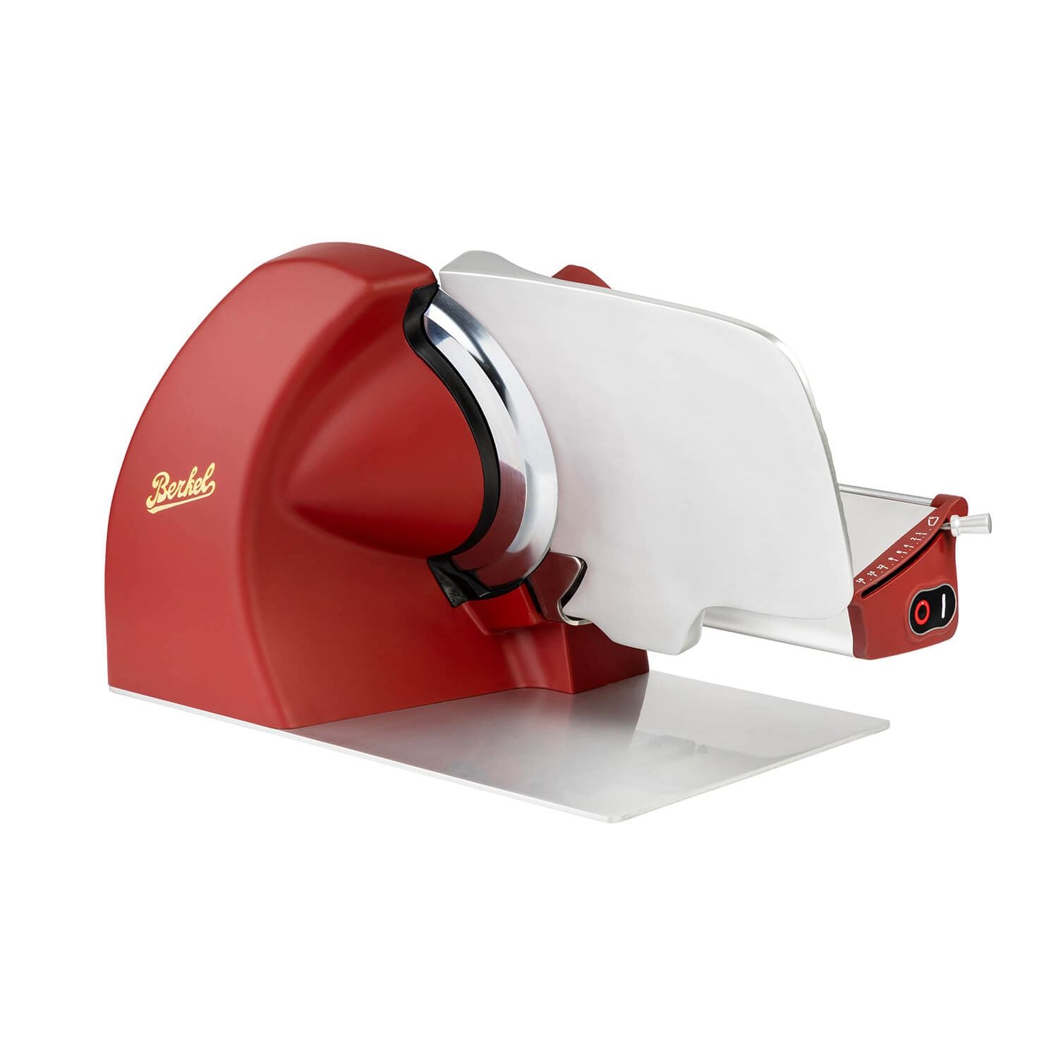 Berkel Home Line Plus 250 Food Slicer with 250mm blade in matte red finish, ideal for precise home slicing of meats, bread, and cheeses.