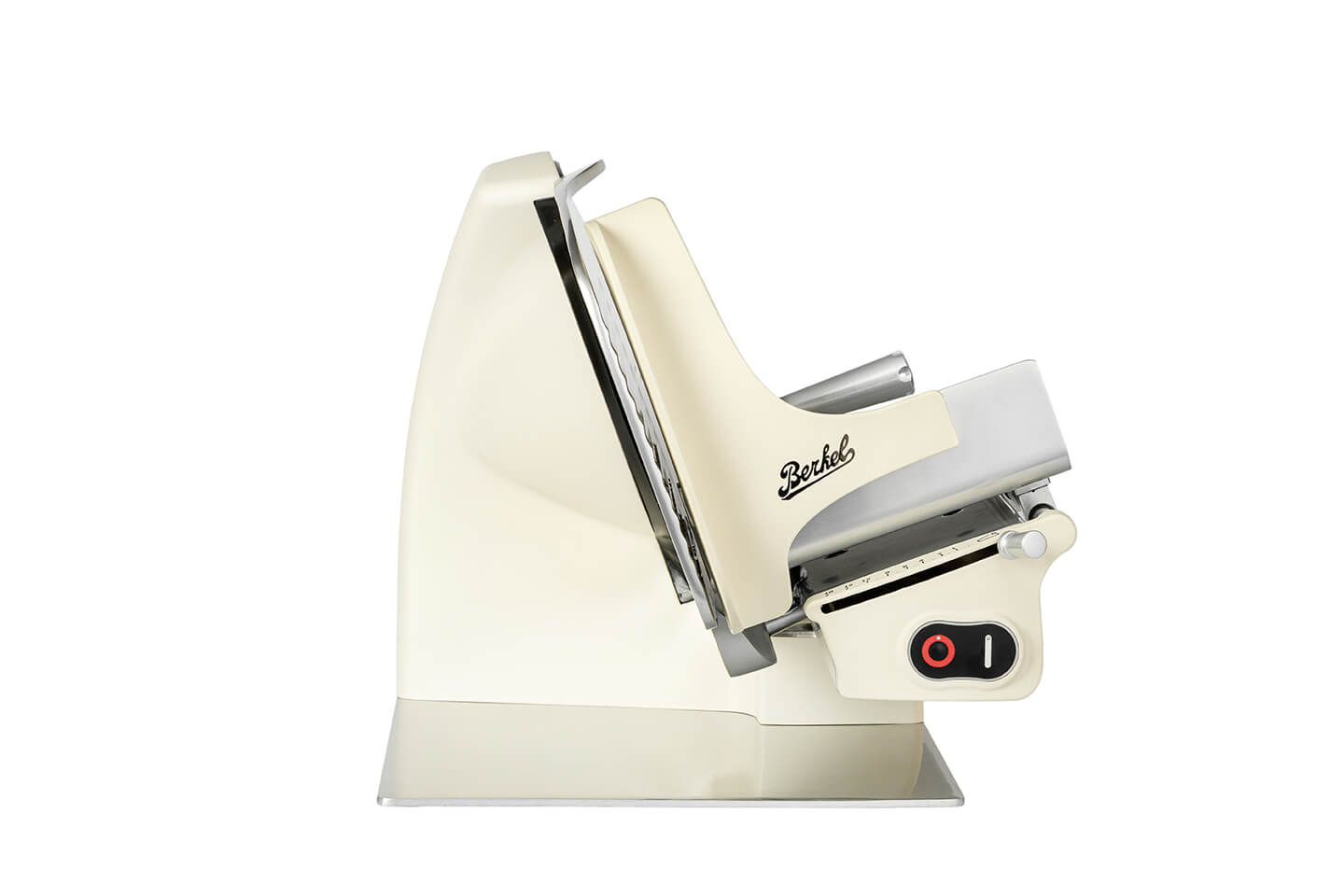 Matte cream Home Line Plus 250 Slicer with chromed blade and modern design. A premium slicer for home use in neutral tones. End view on white background