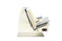 Matte cream Home Line Plus 250 Slicer with chromed blade and modern design. A premium slicer for home use in neutral tones. End view on white background