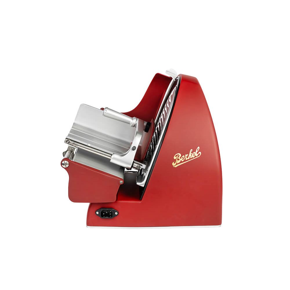 Berkel Home Line Plus 250 Food Slicer with 250mm blade in matte red finish, ideal for precise home slicing of meats, bread, and cheeses.