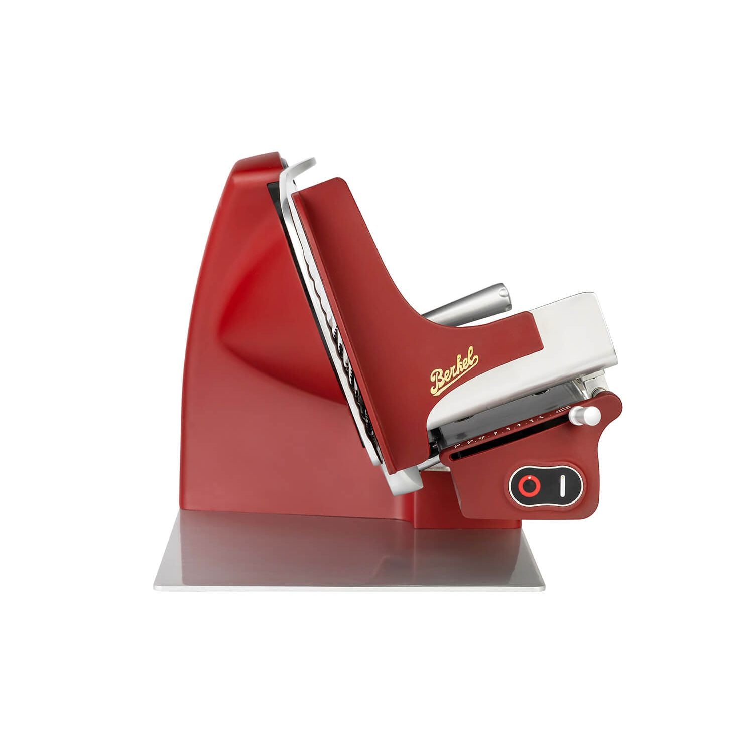 Berkel Home Line Plus 250 Food Slicer with 250mm blade in matte red finish, ideal for precise home slicing of meats, bread, and cheeses.