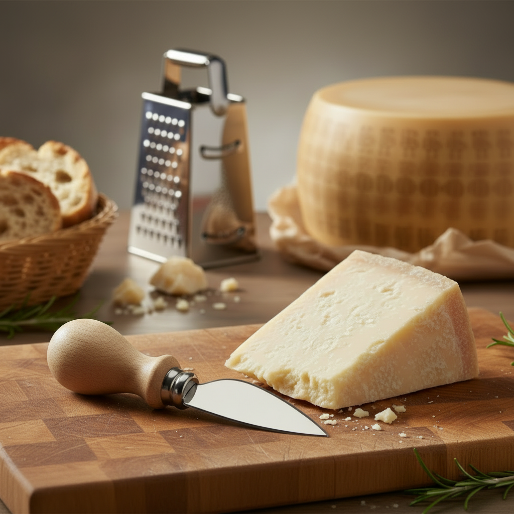 Parmesan Cheese Knife - on a cheese board with parmesan sheese block
