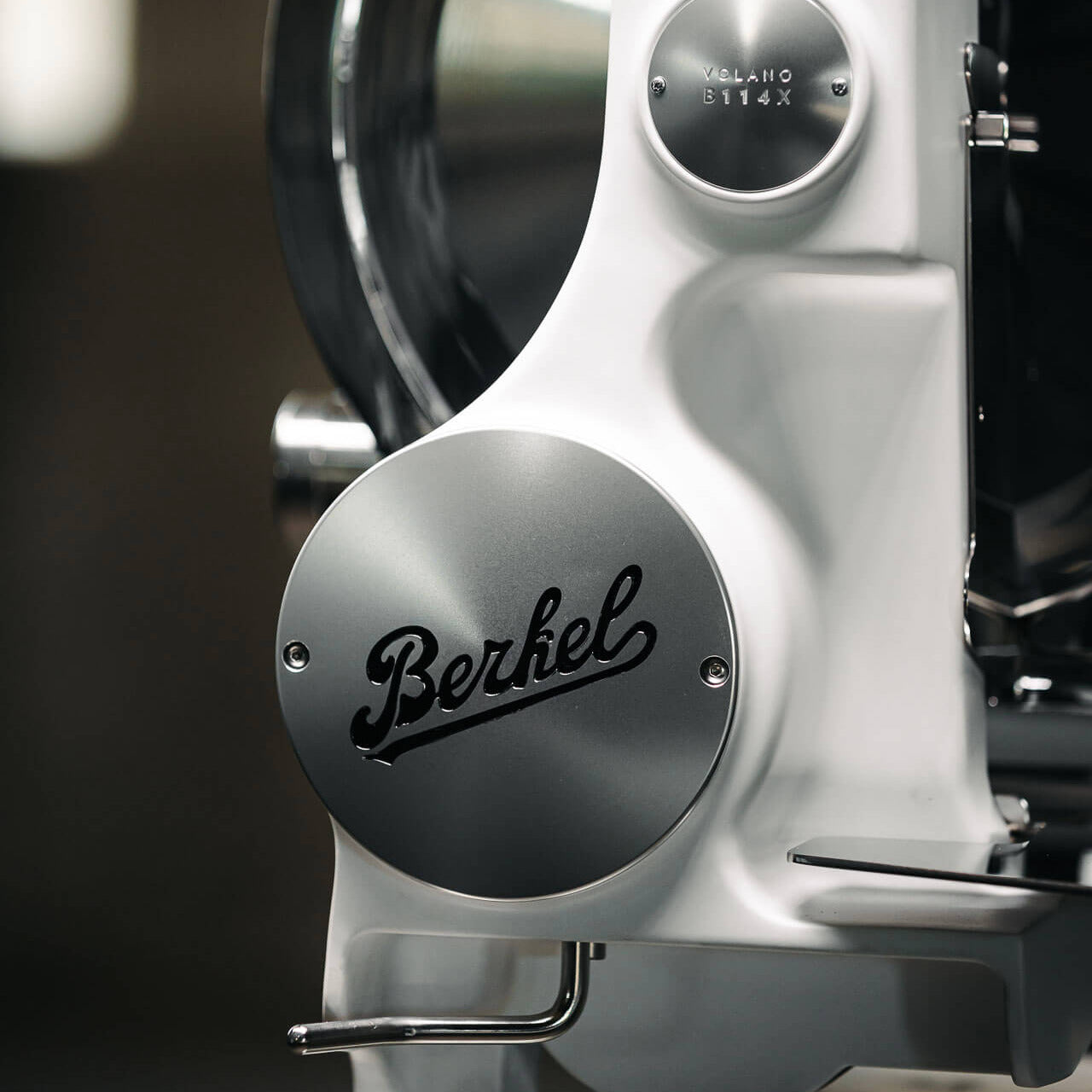 Close-up of Berkel branding on the Berkel Volano B114X flywheel slicer