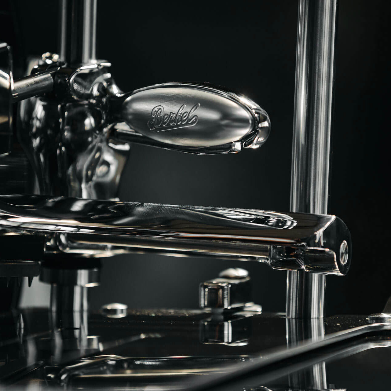 Close-up of Berkel branding on handle of Berkel Volano B114X flywheel slicer