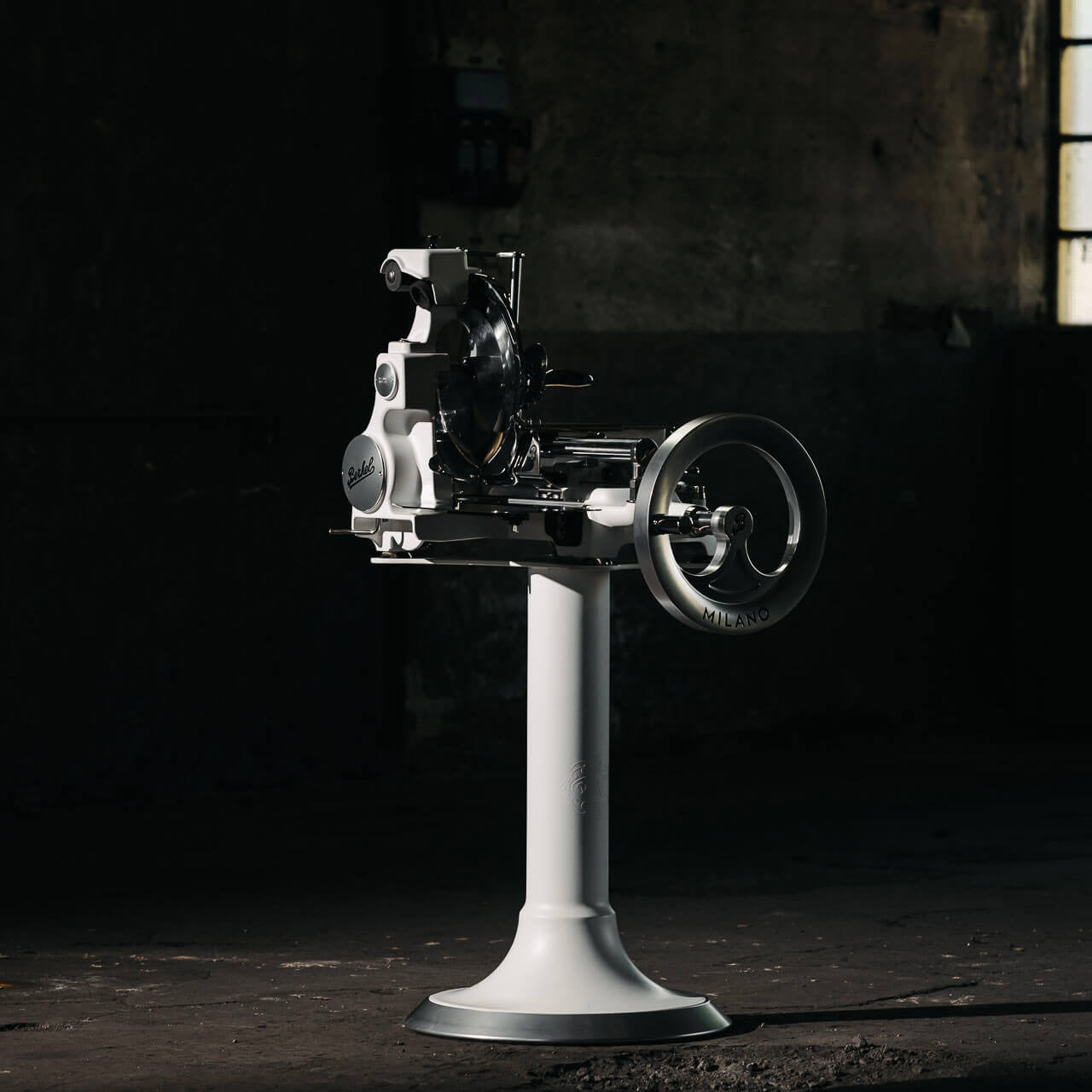 Lifestyle shot of Berkel Volano B114X flywheel slicer in an industrial building