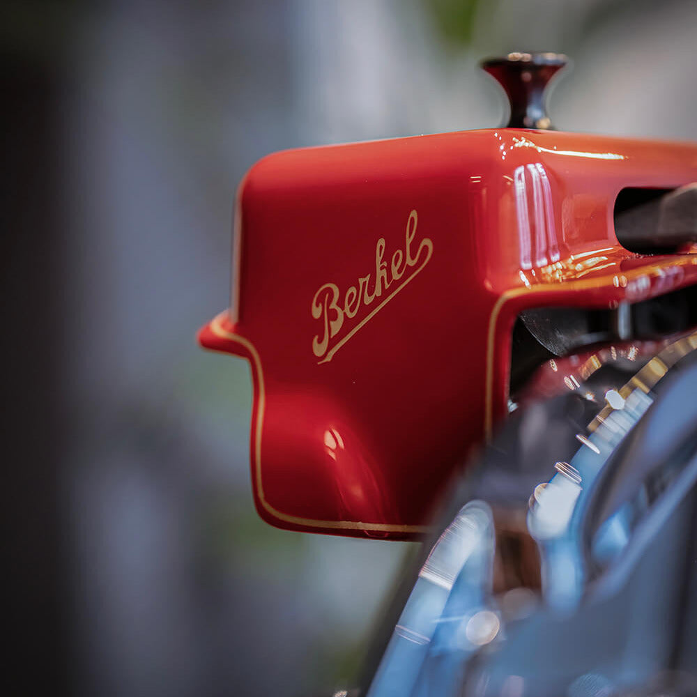 Close-up of Berkel branding on red Berkel Volano B114 flywheel slicer