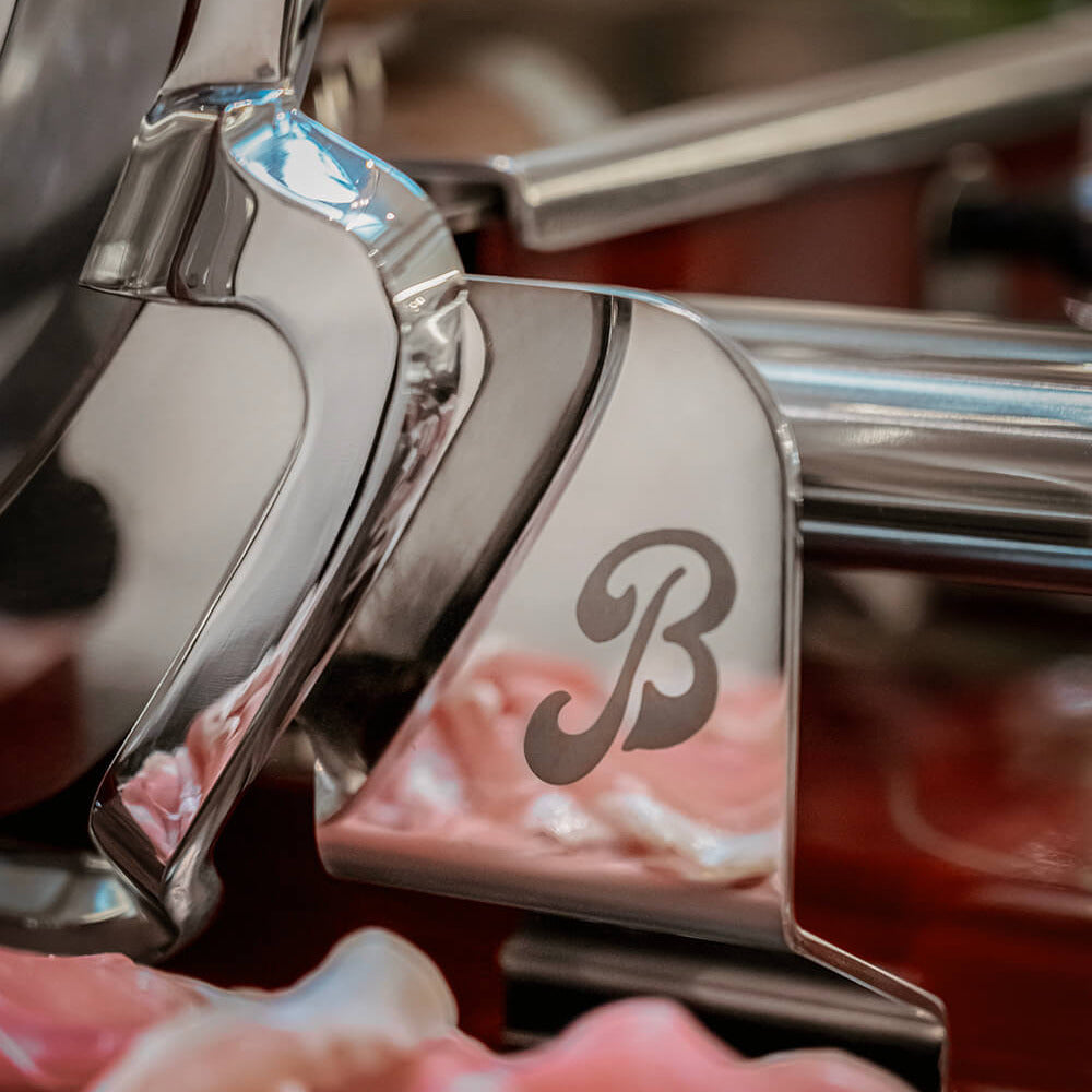 Close up of Berkel branding on Berkel Volano B114 flywheel slicer